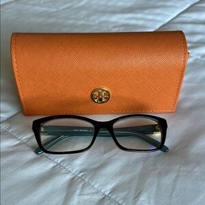 Tory Burch Brown and Blue glasses and Orange Leather Case